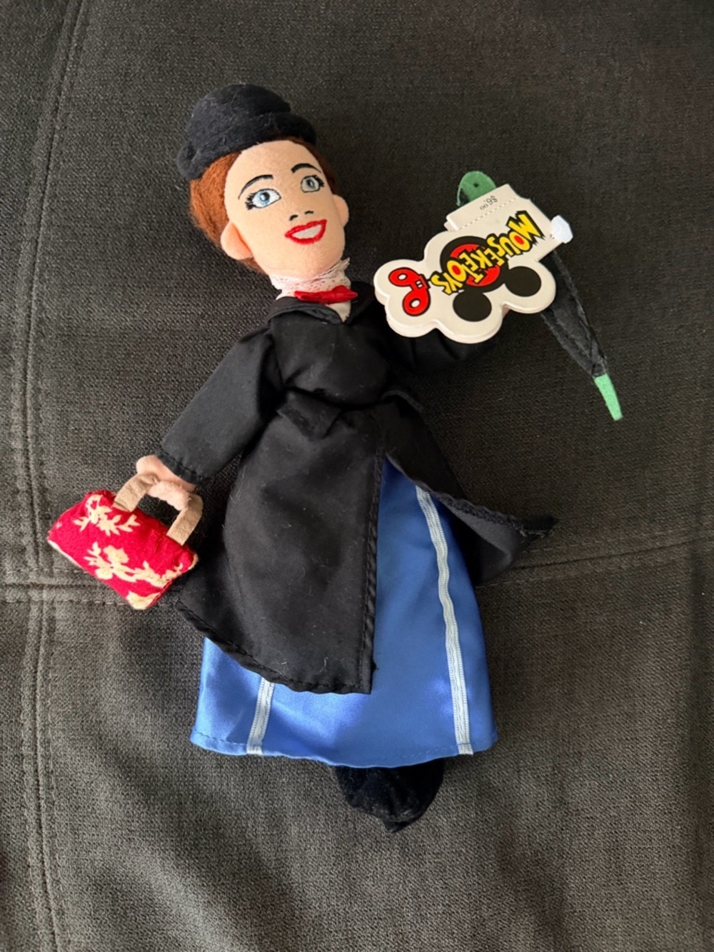 Vintage Disney Mary Poppins Plush Doll Black Coat Blue Skirt Red Bag